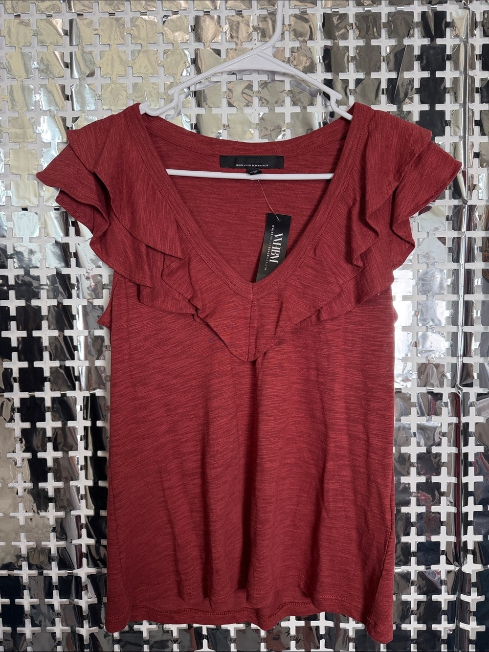 White House Black Market Red Ruffle V-Neck Short Sleeve Top